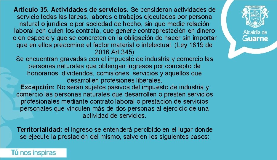 Artículo 35. Actividades de servicios. Se consideran actividades de servicio todas las tareas, labores