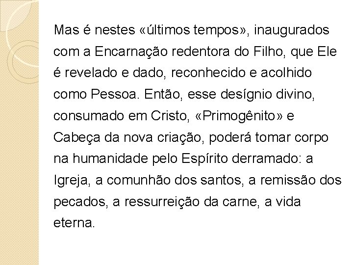 Mas é nestes «últimos tempos» , inaugurados com a Encarnação redentora do Filho, que