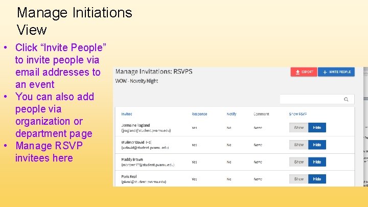 Manage Initiations View • Click “Invite People” to invite people via email addresses to