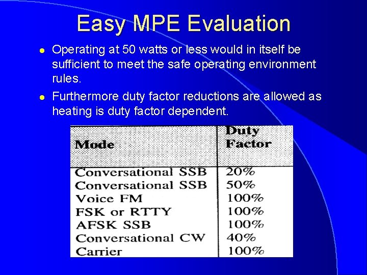 Easy MPE Evaluation l l Operating at 50 watts or less would in itself