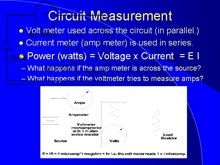 Circuit Measurement Volt meter used across the circuit (in parallel. ) l Current meter