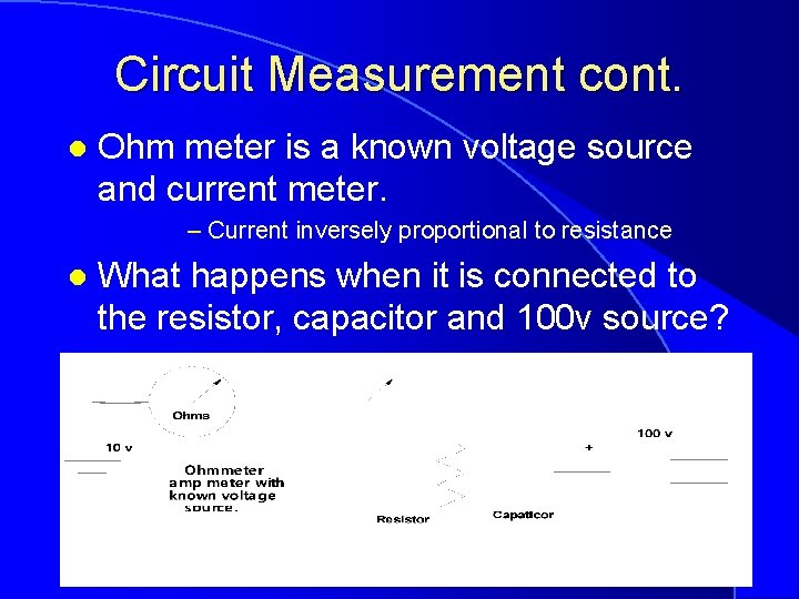 Circuit Measurement cont. l Ohm meter is a known voltage source and current meter.