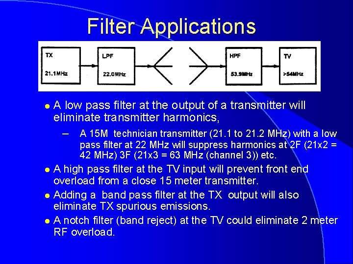 Filter Applications l A low pass filter at the output of a transmitter will
