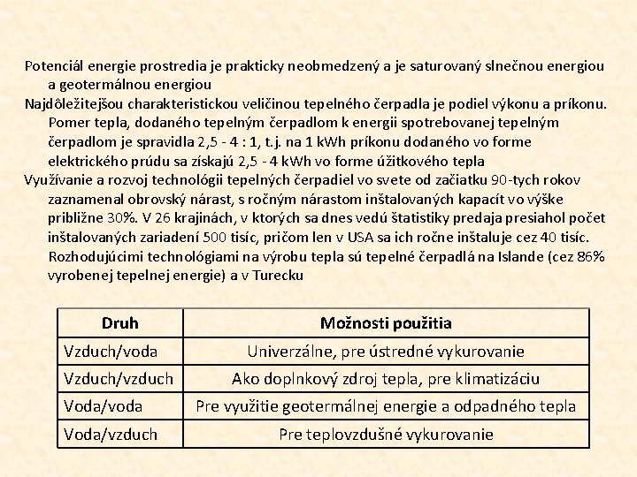 Potenciál energie prostredia je prakticky neobmedzený a je saturovaný slnečnou energiou a geotermálnou energiou