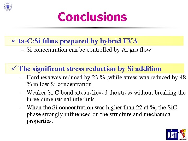Conclusions ü ta-C: Si films prepared by hybrid FVA – Si concentration can be Conclusions ü ta-C: Si films prepared by hybrid FVA – Si concentration can be