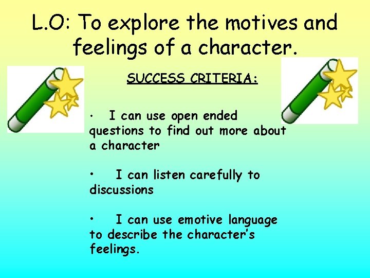 L. O: To explore the motives and feelings of a character. SUCCESS CRITERIA: I