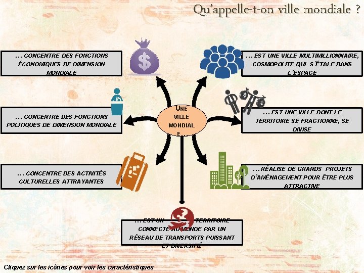 Qu’appelle-t-on ville mondiale ? … CONCENTRE DES FONCTIONS ÉCONOMIQUES DE DIMENSION … EST UNE