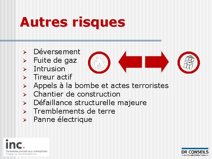 Autres risques Ø Ø Ø Ø Ø Déversement Fuite de gaz Intrusion Tireur actif
