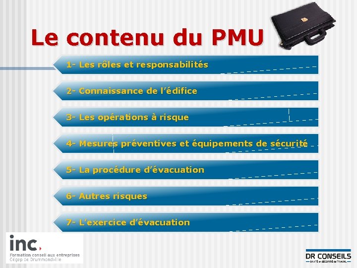 Le contenu du PMU 1 - Les rôles et responsabilités 2 - Connaissance de