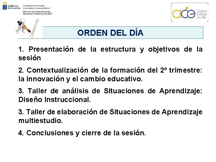 ORDEN DEL DÍA 1. Presentación de la estructura y objetivos de la sesión 2.