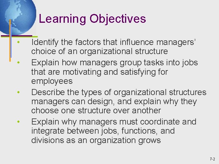 Learning Objectives • • Identify the factors that influence managers’ choice of an organizational