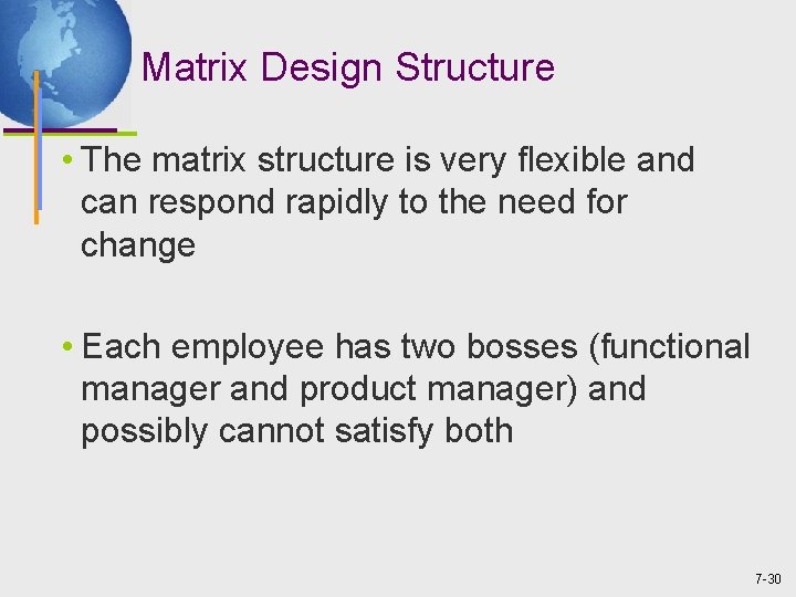 Matrix Design Structure • The matrix structure is very flexible and can respond rapidly