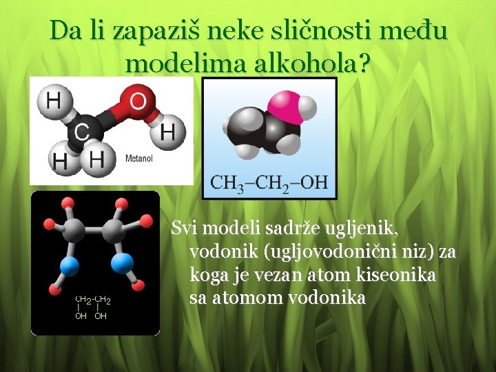 Da li zapaziš neke sličnosti među modelima alkohola? Svi modeli sadrže ugljenik, vodonik (ugljovodonični