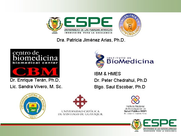 Dra. Patricia Jiménez Arias, Ph. D. Dr. Enrique Terán, Ph. D, Lic. Sandra Vivero,