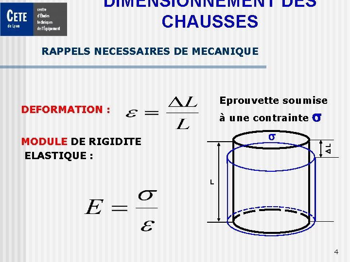 DIMENSIONNEMENT DES CHAUSSES RAPPELS NECESSAIRES DE MECANIQUE Eprouvette soumise DEFORMATION : à une contrainte