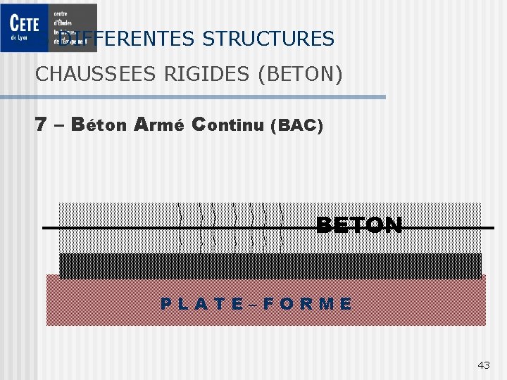 LES DIFFERENTES STRUCTURES CHAUSSEES RIGIDES (BETON) 7 – Béton Armé Continu (BAC) BETON PLATE–FORME