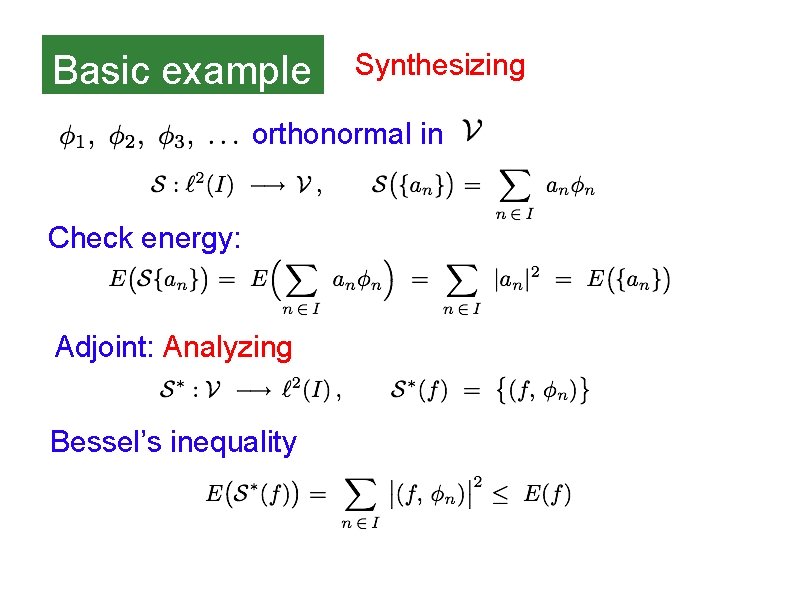 Basic example Synthesizing orthonormal in Check energy: Adjoint: Analyzing Bessel’s inequality 