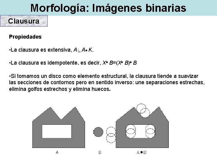 Morfología: Imágenes binarias Clausura Propiedades • La clausura es extensiva, A A K. •