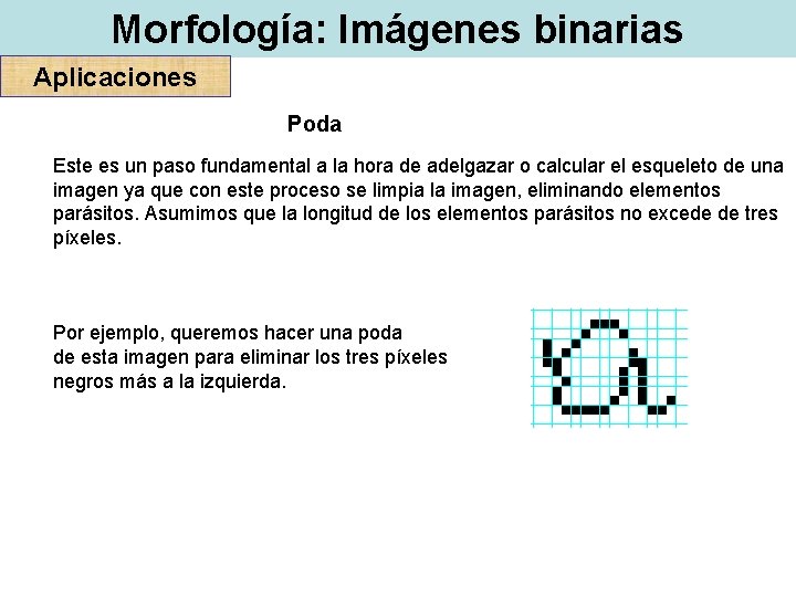 Morfología: Imágenes binarias Aplicaciones Poda Este es un paso fundamental a la hora de