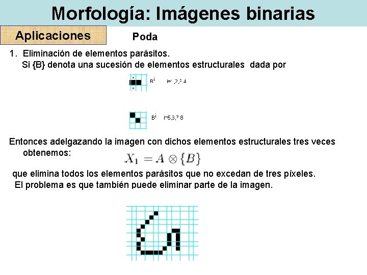 Morfología: Imágenes binarias Aplicaciones Poda 1. Eliminación de elementos parásitos. Si {B} denota una Morfología: Imágenes binarias Aplicaciones Poda 1. Eliminación de elementos parásitos. Si {B} denota una
