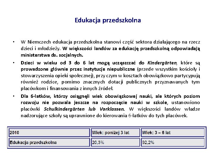 Edukacja przedszkolna • • • W Niemczech edukacja przedszkolna stanowi część sektora działającego na