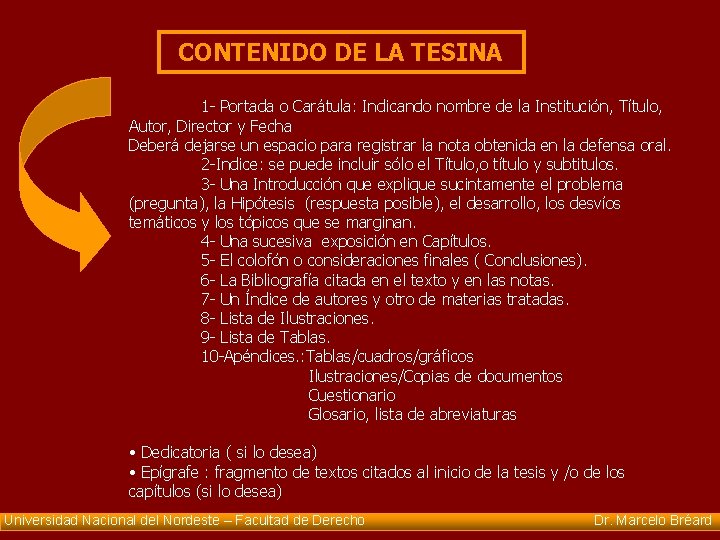 CONTENIDO DE LA TESINA 1 - Portada o Carátula: Indicando nombre de la Institución,