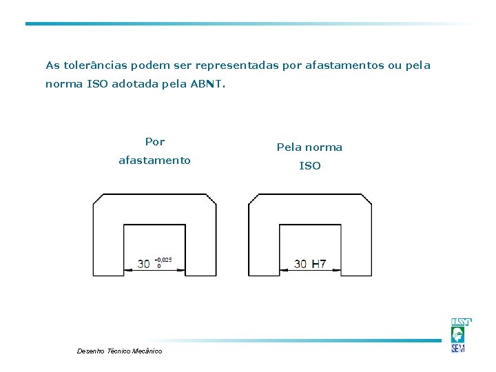 As tolerâncias podem ser representadas por afastamentos ou pela norma ISO adotada pela ABNT. As tolerâncias podem ser representadas por afastamentos ou pela norma ISO adotada pela ABNT.