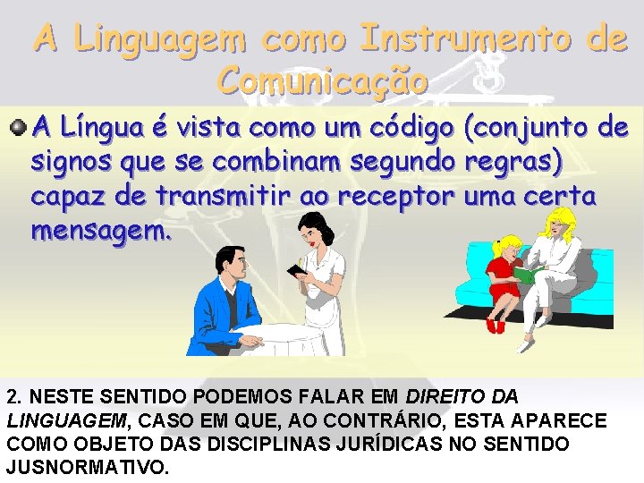 A Linguagem como Instrumento de Comunicação A Língua é vista como um código (conjunto