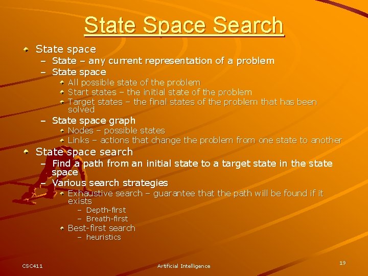 State Space Search State space – State – any current representation of a problem