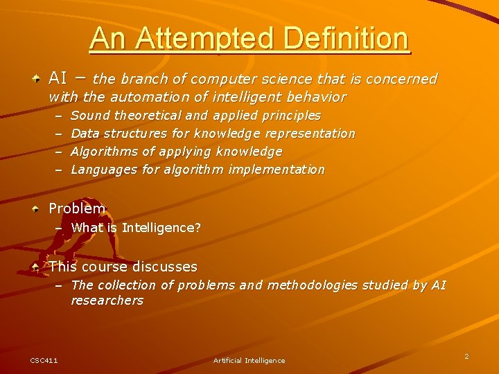 An Attempted Definition AI – the branch of computer science that is concerned with