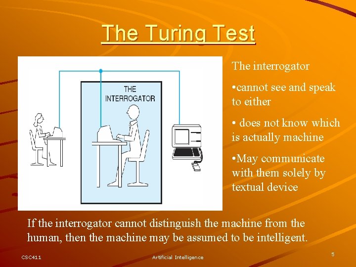 The Turing Test The interrogator • cannot see and speak to either • does