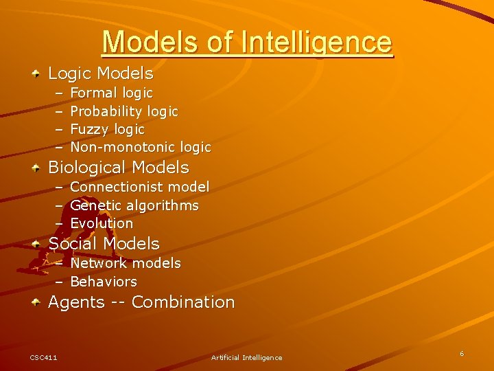 Models of Intelligence Logic Models – – Formal logic Probability logic Fuzzy logic Non-monotonic