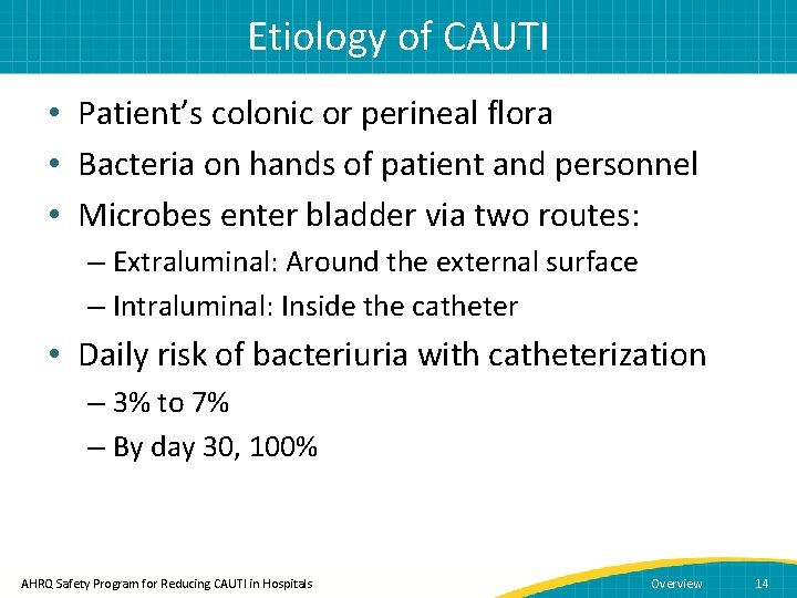 Etiology of CAUTI • Patient’s colonic or perineal flora • Bacteria on hands of