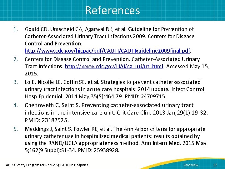 References 1. 2. 3. Gould CD, Umscheid CA, Agarwal RK, et al. Guideline for