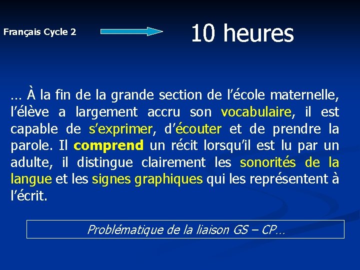 Français Cycle 2 10 heures … À la fin de la grande section de