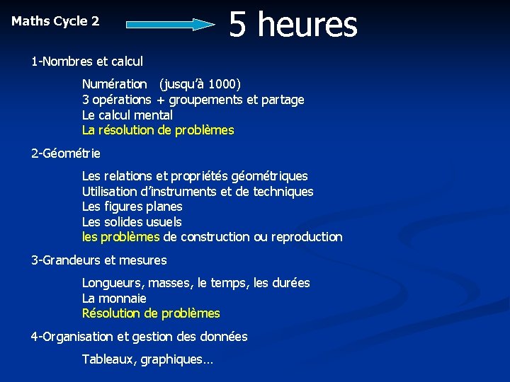 Maths Cycle 2 5 heures 1 -Nombres et calcul Numération (jusqu’à 1000) 3 opérations