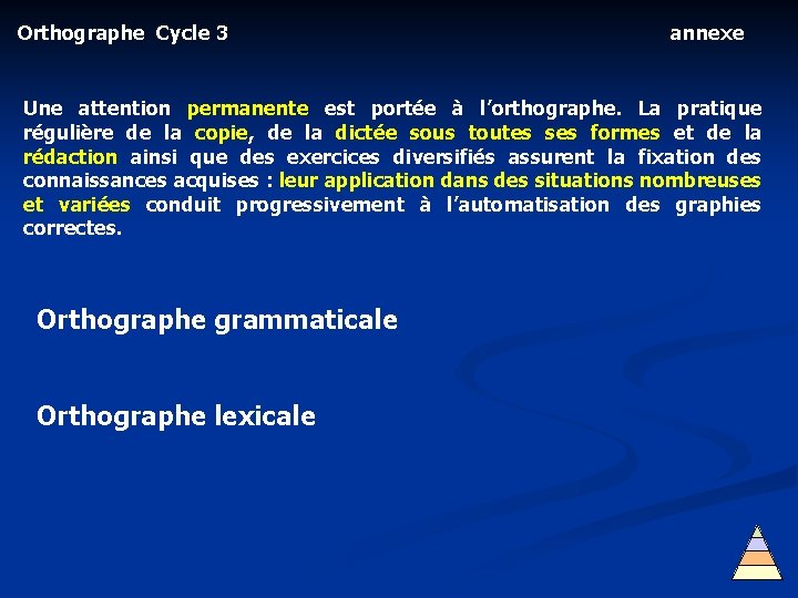 Orthographe Cycle 3 annexe Une attention permanente est portée à l’orthographe. La pratique régulière