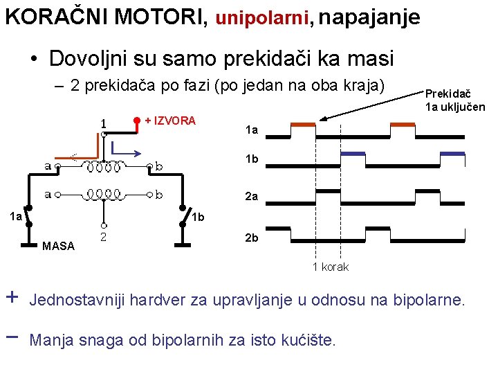 KORAČNI MOTORI, unipolarni, napajanje • Dovoljni su samo prekidači ka masi – 2 prekidača