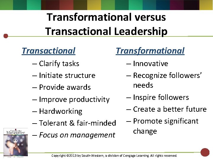 Transformational versus Transactional Leadership Transactional Transformational – Clarify tasks – Initiate structure – Provide Transformational versus Transactional Leadership Transactional Transformational – Clarify tasks – Initiate structure – Provide