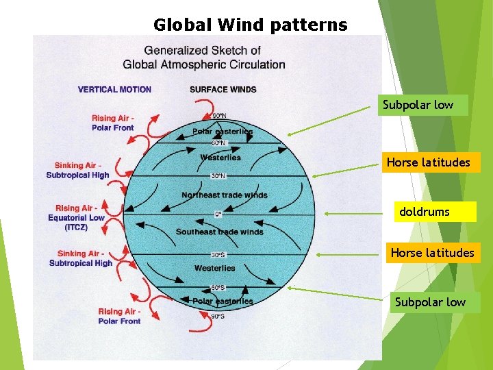 Global Wind patterns Subpolar low Horse latitudes doldrums Horse latitudes Subpolar low 