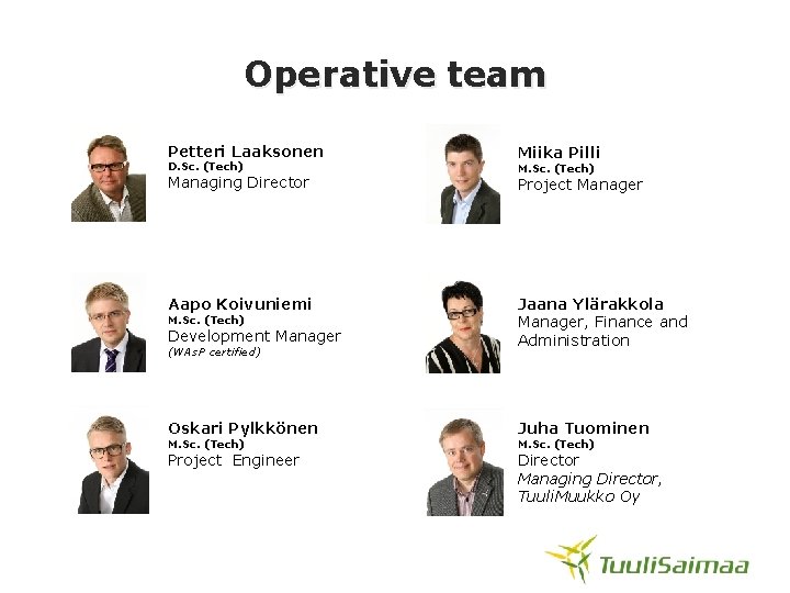 Operative team Petteri Laaksonen D. Sc. (Tech) Managing Director Miika Pilli M. Sc. (Tech)