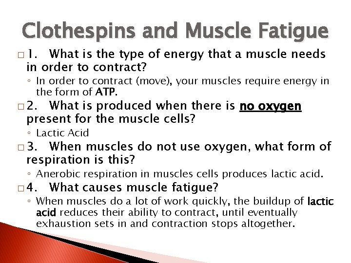 Clothespins and Muscle Fatigue � 1. What is the type of energy that a