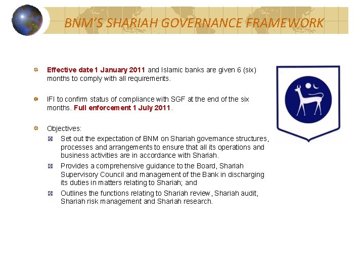 BNM’S SHARIAH GOVERNANCE FRAMEWORK Effective date 1 January 2011 and Islamic banks are given