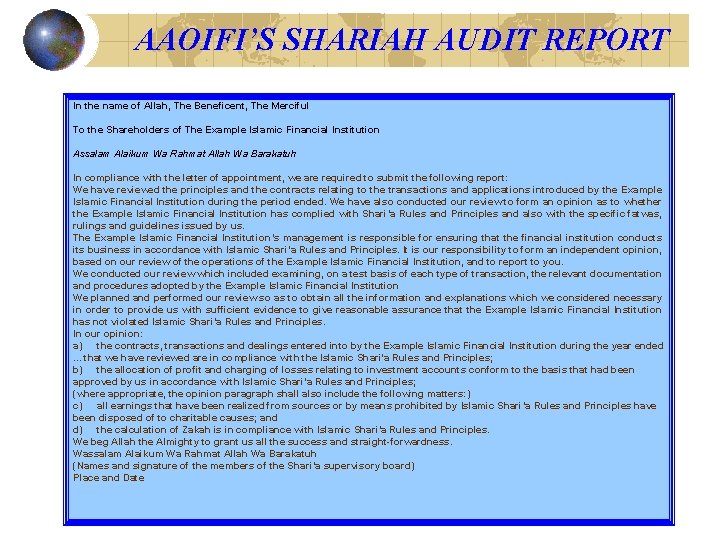 AAOIFI’S SHARIAH AUDIT REPORT In the name of Allah, The Beneficent, The Merciful To