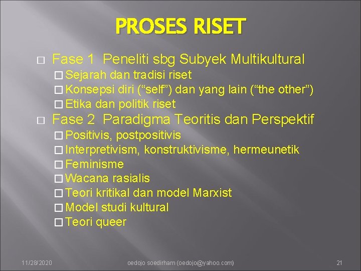 PROSES RISET � Fase 1 Peneliti sbg Subyek Multikultural � Sejarah dan tradisi riset