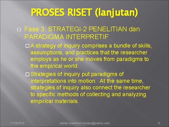 PROSES RISET (lanjutan) � Fase 3: STRATEGI-2 PENELITIAN dan PARADIGMA INTERPRETIF �A strategy of