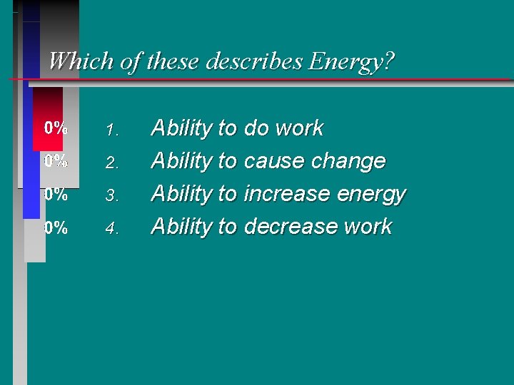 Which of these describes Energy? 1. 2. 3. 4. Ability to do work Ability Which of these describes Energy? 1. 2. 3. 4. Ability to do work Ability