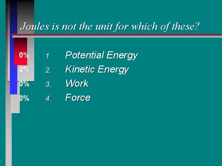 Joules is not the unit for which of these? 1. 2. 3. 4. Potential Joules is not the unit for which of these? 1. 2. 3. 4. Potential