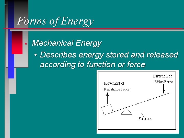 Forms of Energy • Mechanical Energy • Describes energy stored and released according to Forms of Energy • Mechanical Energy • Describes energy stored and released according to