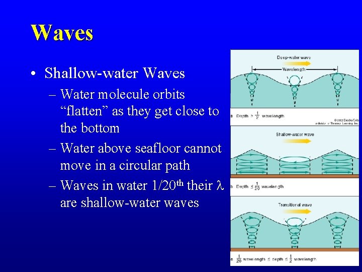 Waves • Shallow-water Waves – Water molecule orbits “flatten” as they get close to